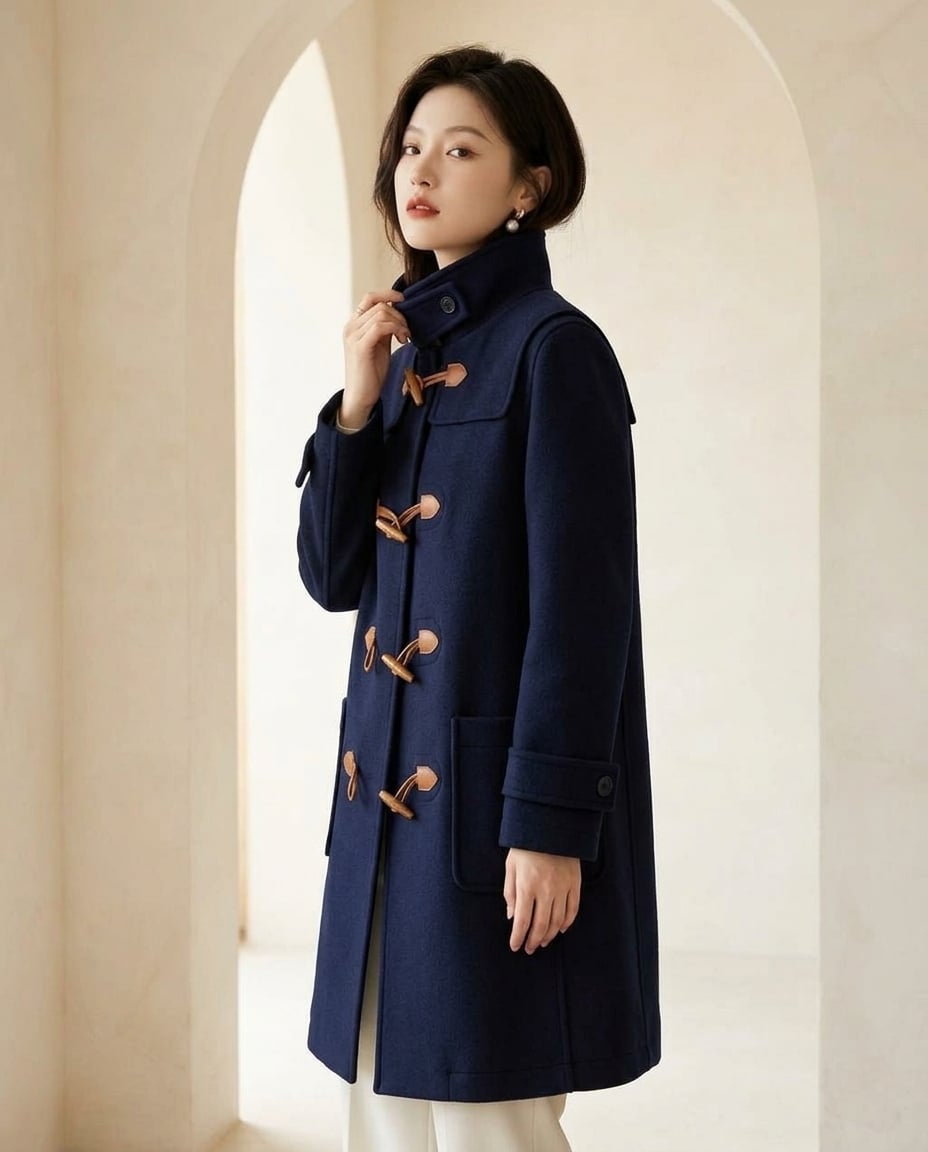 Odette - Elegant Toggle Duffle Coat for Winter in Navy — Maison Perigee — side