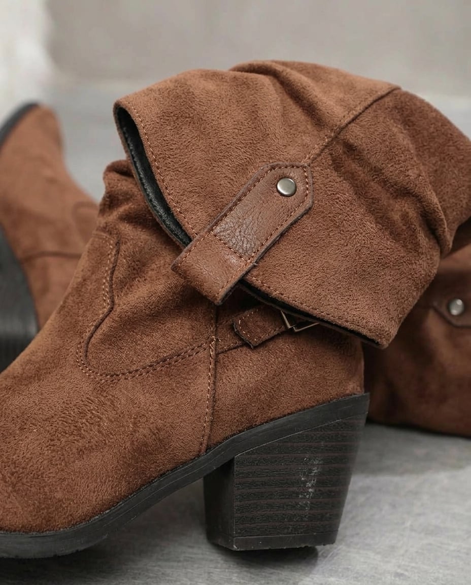 Brown mid-calf boots material and heel detail | Maison Perigee — detail
