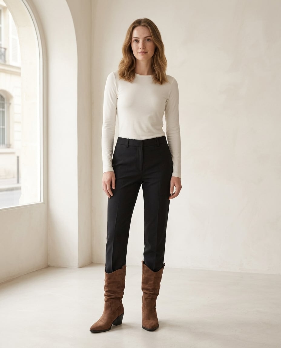 Brown mid-calf boots on model, front view | Maison Perigee — front