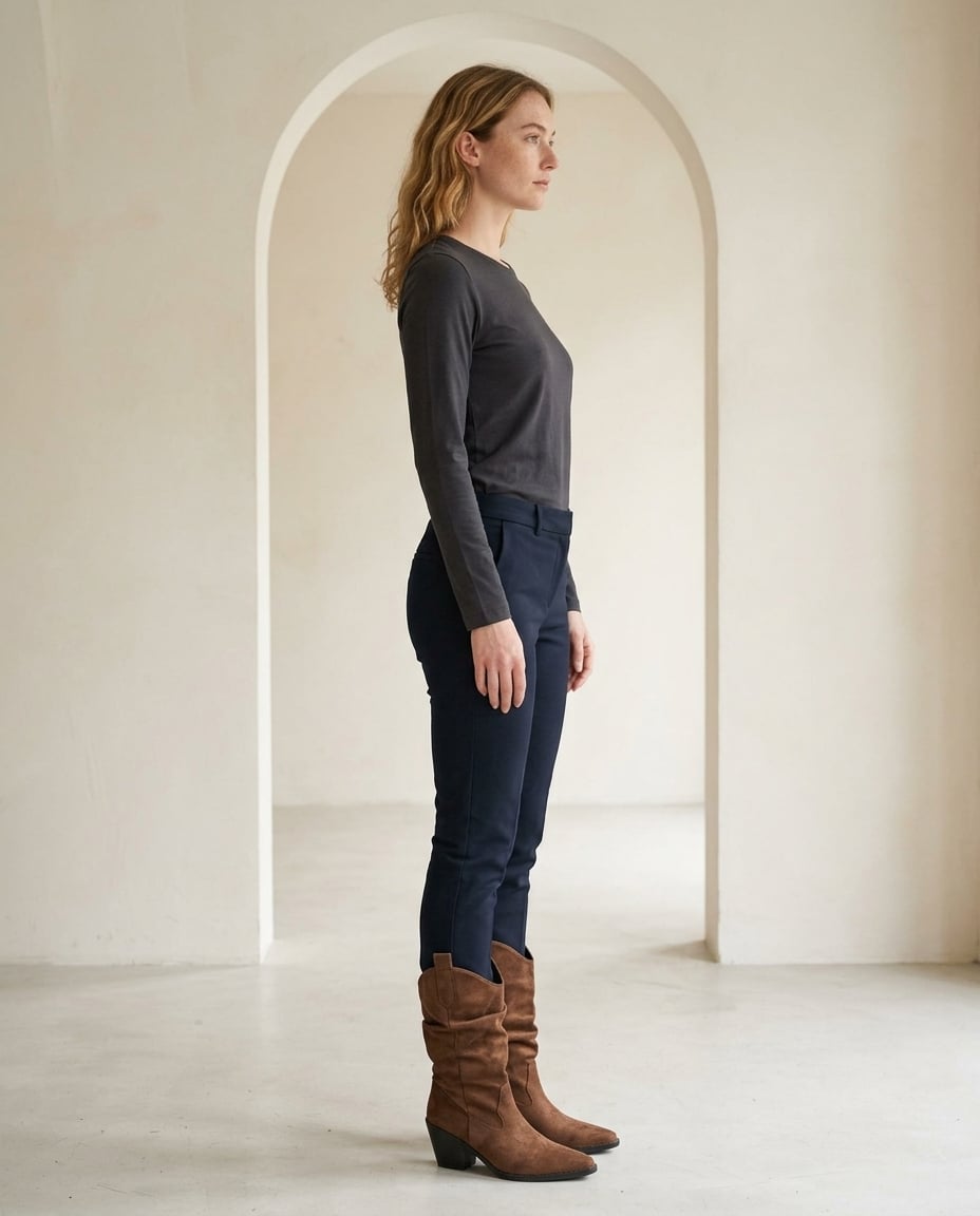 Brown mid-calf boots on model, side profile | Maison Perigee — side