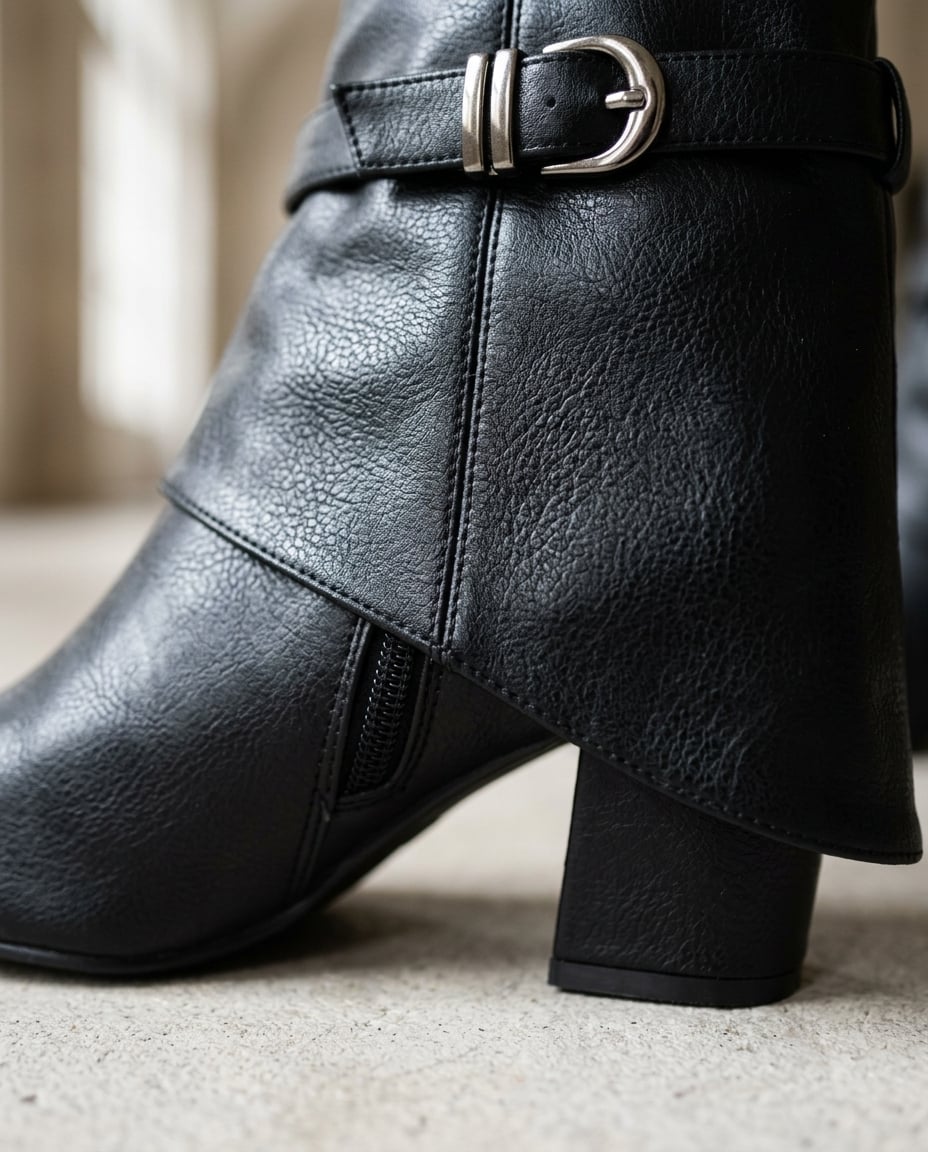 Black knee-high boots material and heel detail | Maison Perigee — detail