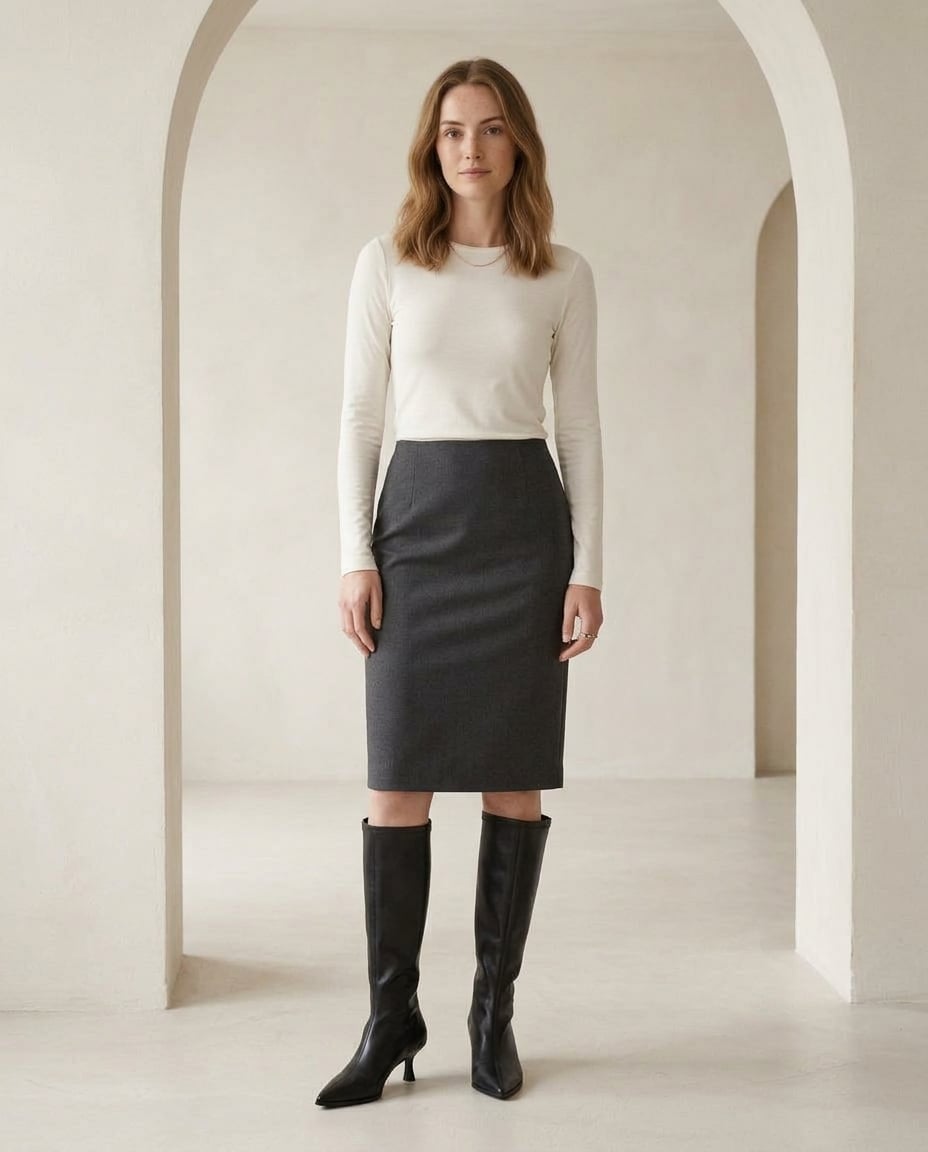 Black knee-high boots on model, front view | Maison Perigee — front