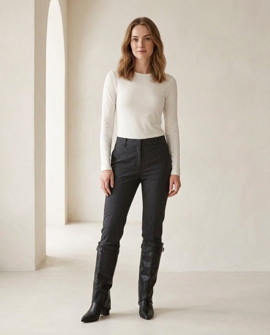 Black knee-high boots on model, front view | Maison Perigee — front