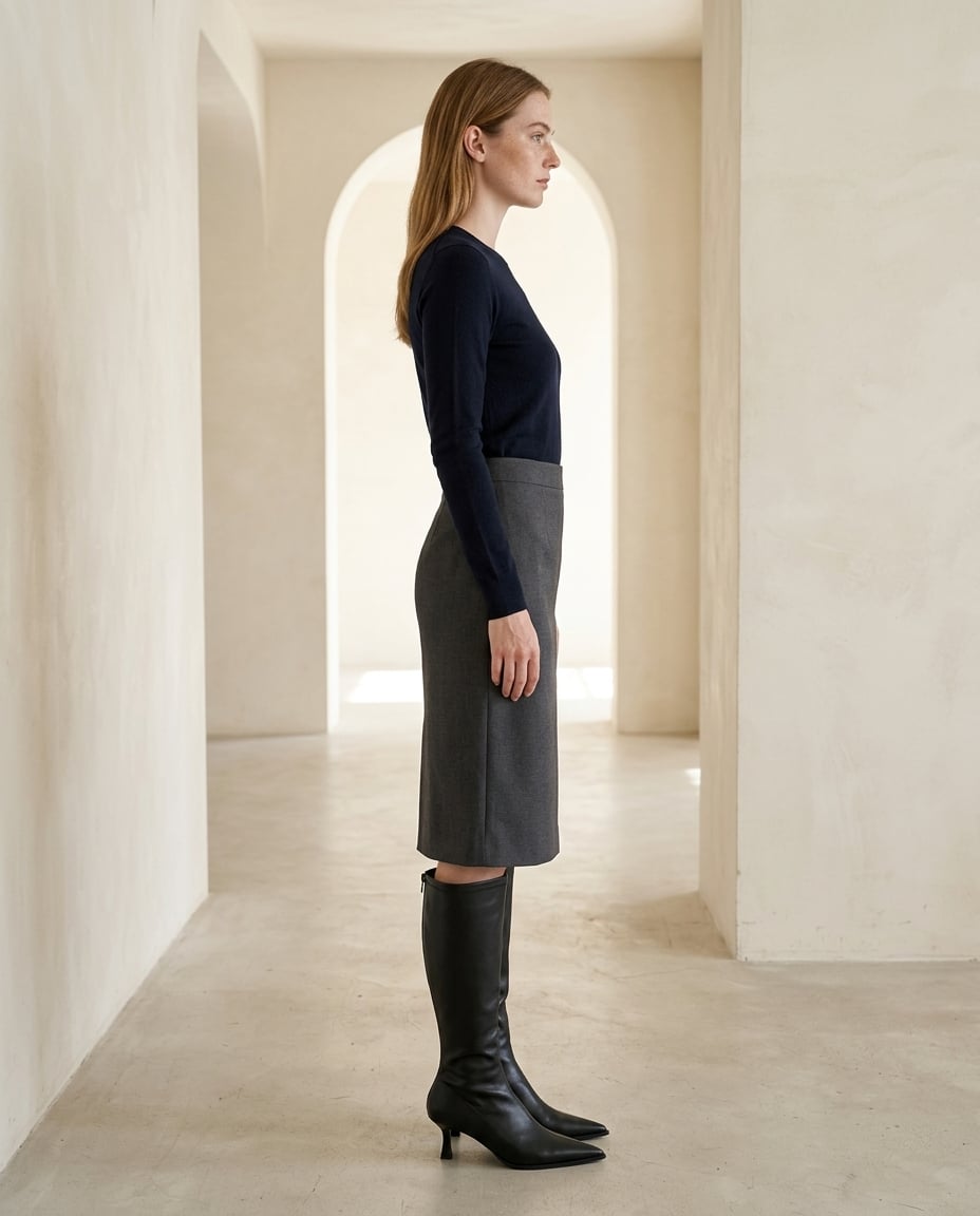 Black knee-high boots on model, side profile | Maison Perigee — side