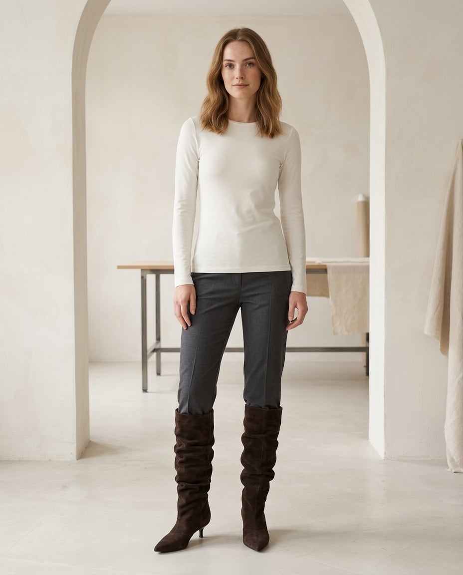 Chocolate knee-high boots on model, front view | Maison Perigee — front