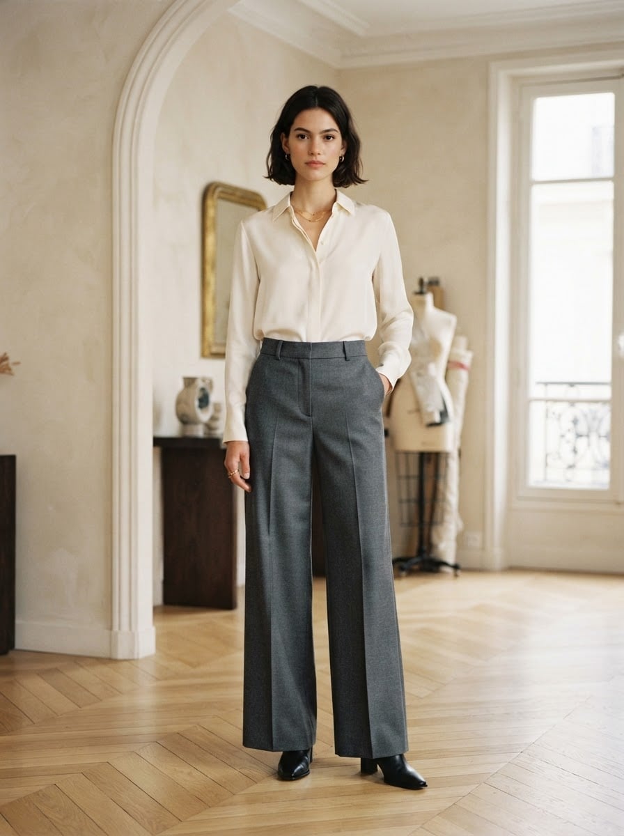 Sophie - Wide-Leg Wool Trousers - front view