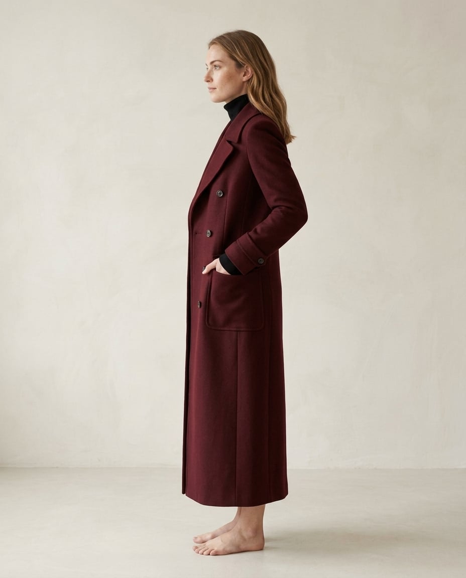 Zara | Classic Burgundy Long Tailored Wool Coat for Winter - side view