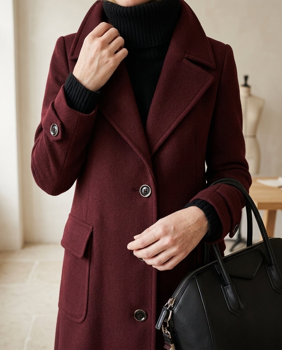 Zara | Classic Burgundy Long Tailored Wool Coat for Winter - detail close-up