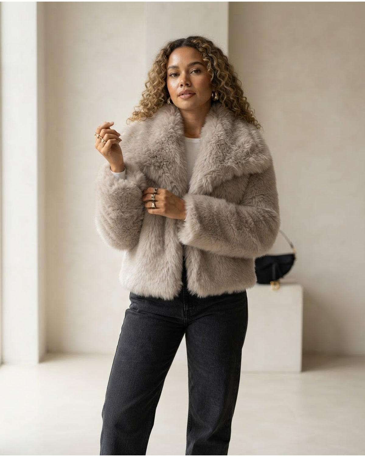 Zara | Elegant Faux Fur Jacket for Autumn/Winter in Beige Gray — Maison Perigee — front