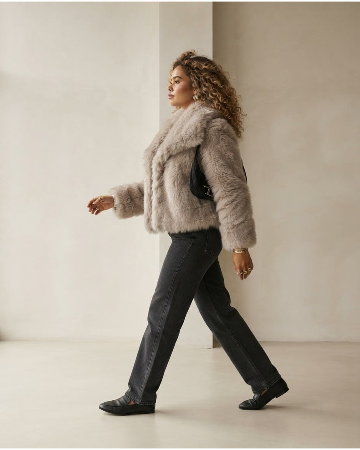 Zara | Elegant Faux Fur Jacket for Autumn/Winter in Beige Gray — Maison Perigee — side