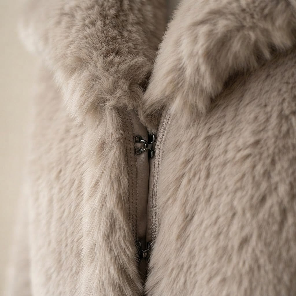 Zara | Elegant Faux Fur Jacket for Autumn/Winter in Beige Gray — Maison Perigee — detail