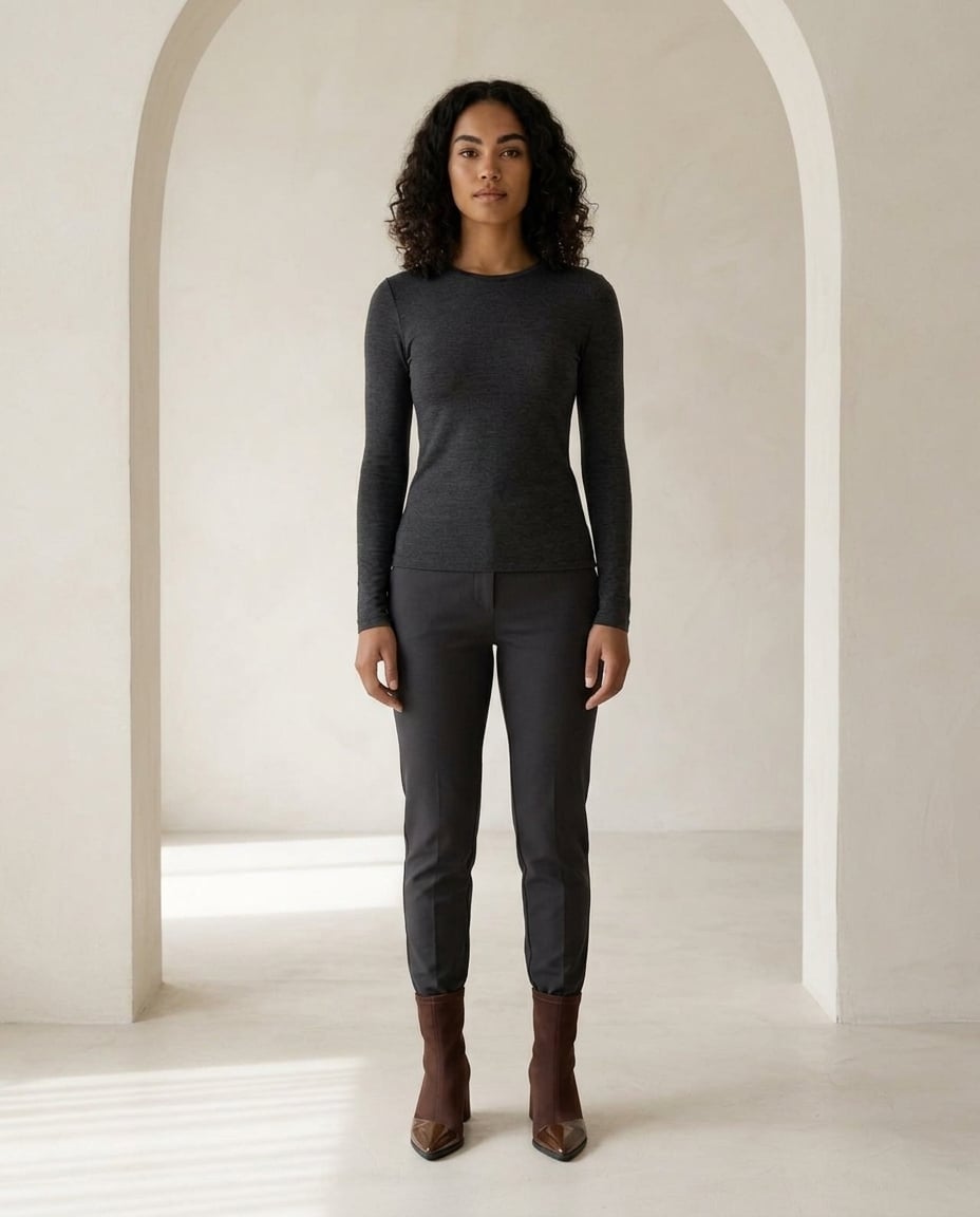 Brown ankle boots on model, front view | Maison Perigee — front
