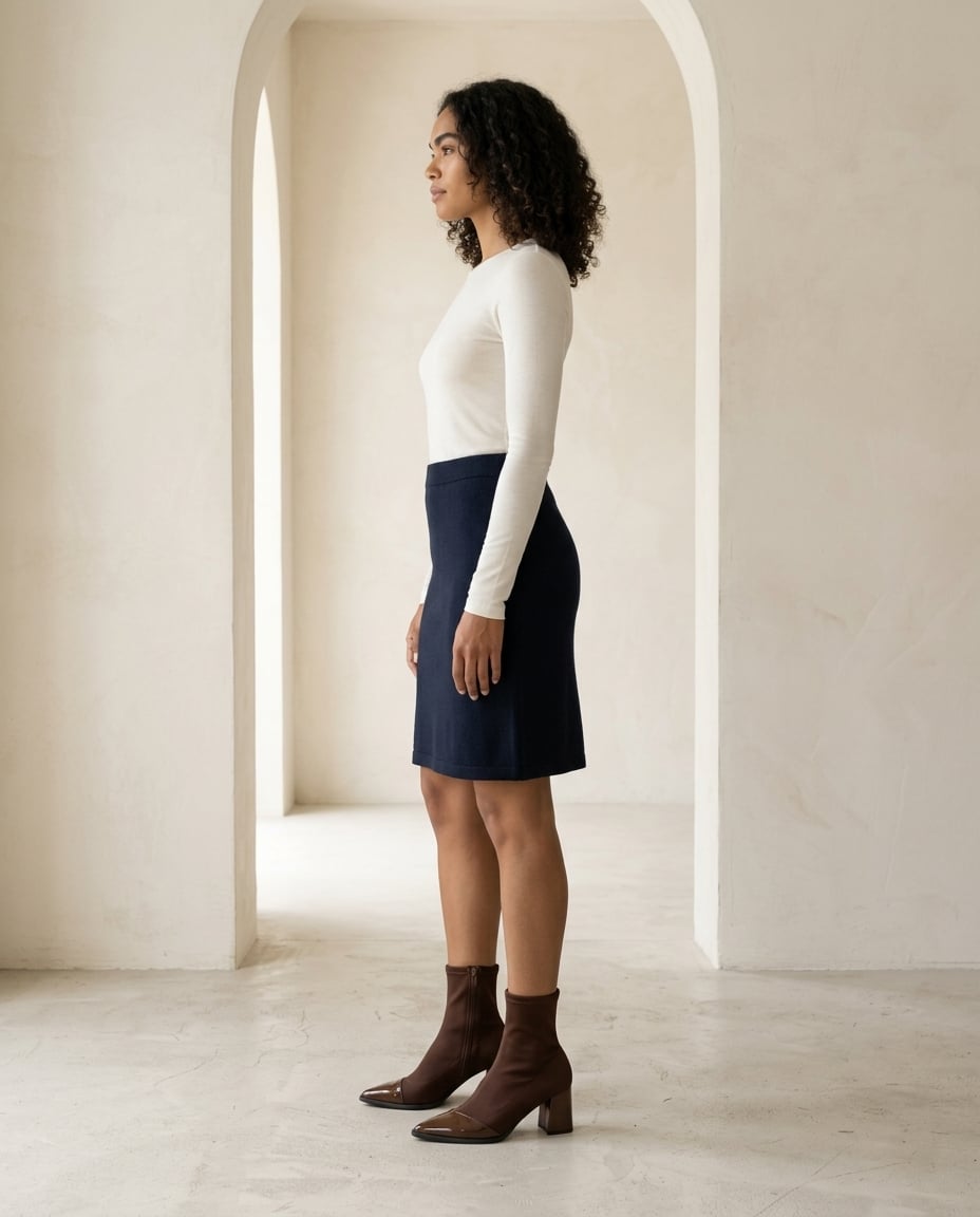 Brown ankle boots on model, side profile | Maison Perigee — side