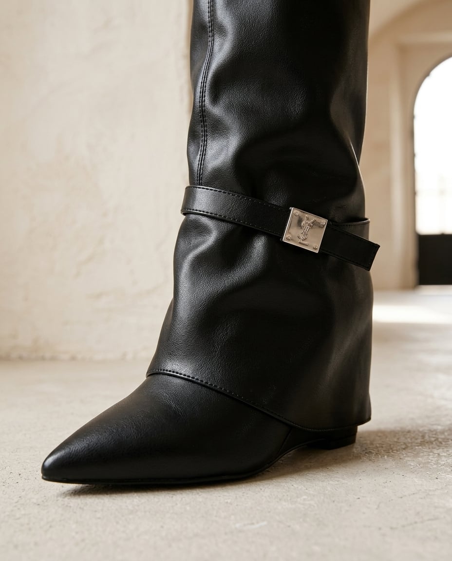 Black knee-high boots material and heel detail | Maison Perigee — detail