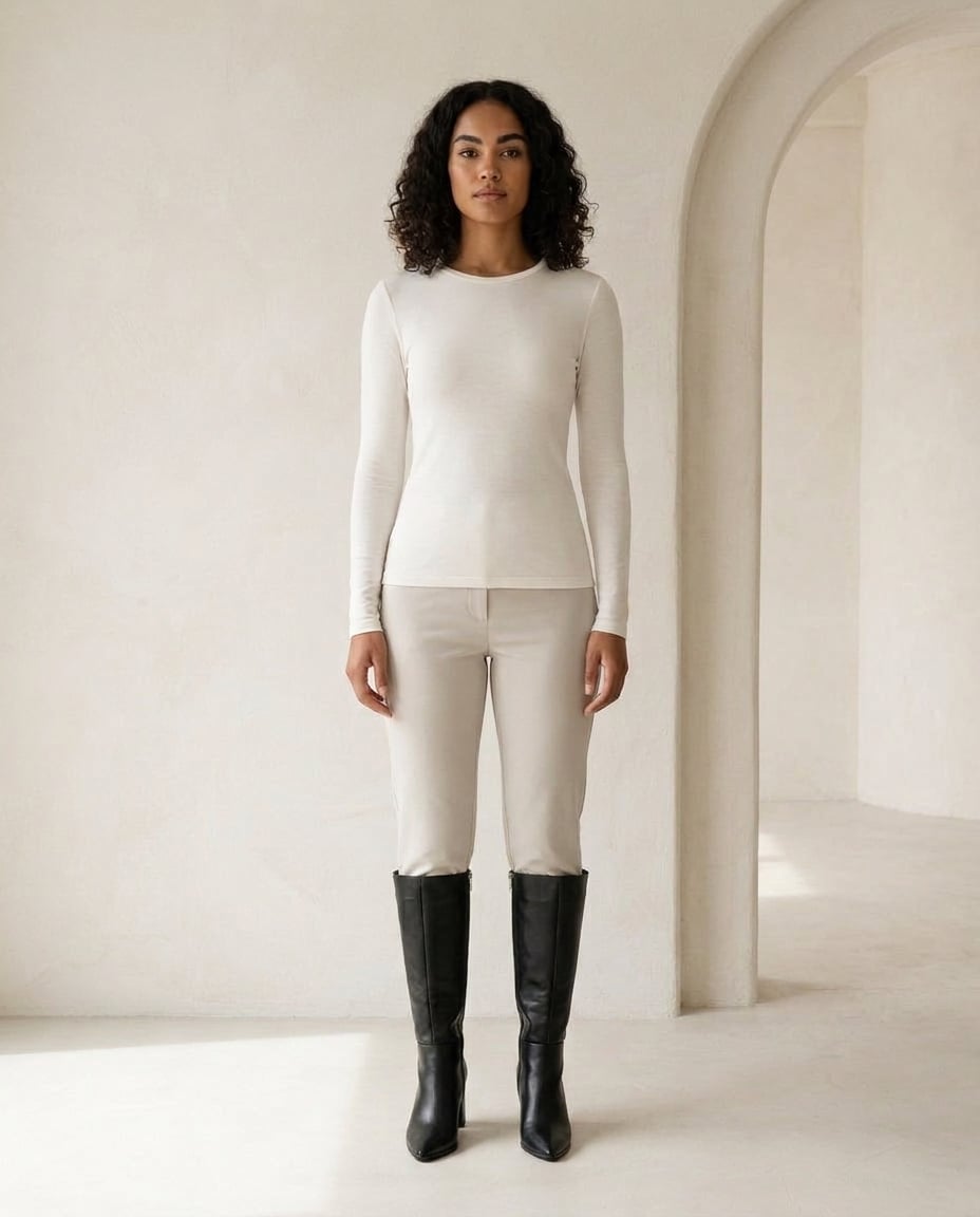 Black knee-high boots on model, front view | Maison Perigee — front