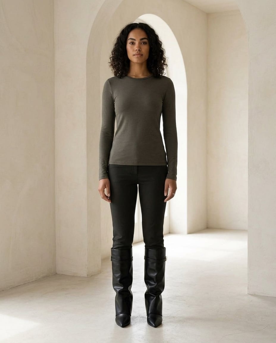 Black knee-high boots on model, front view | Maison Perigee — front