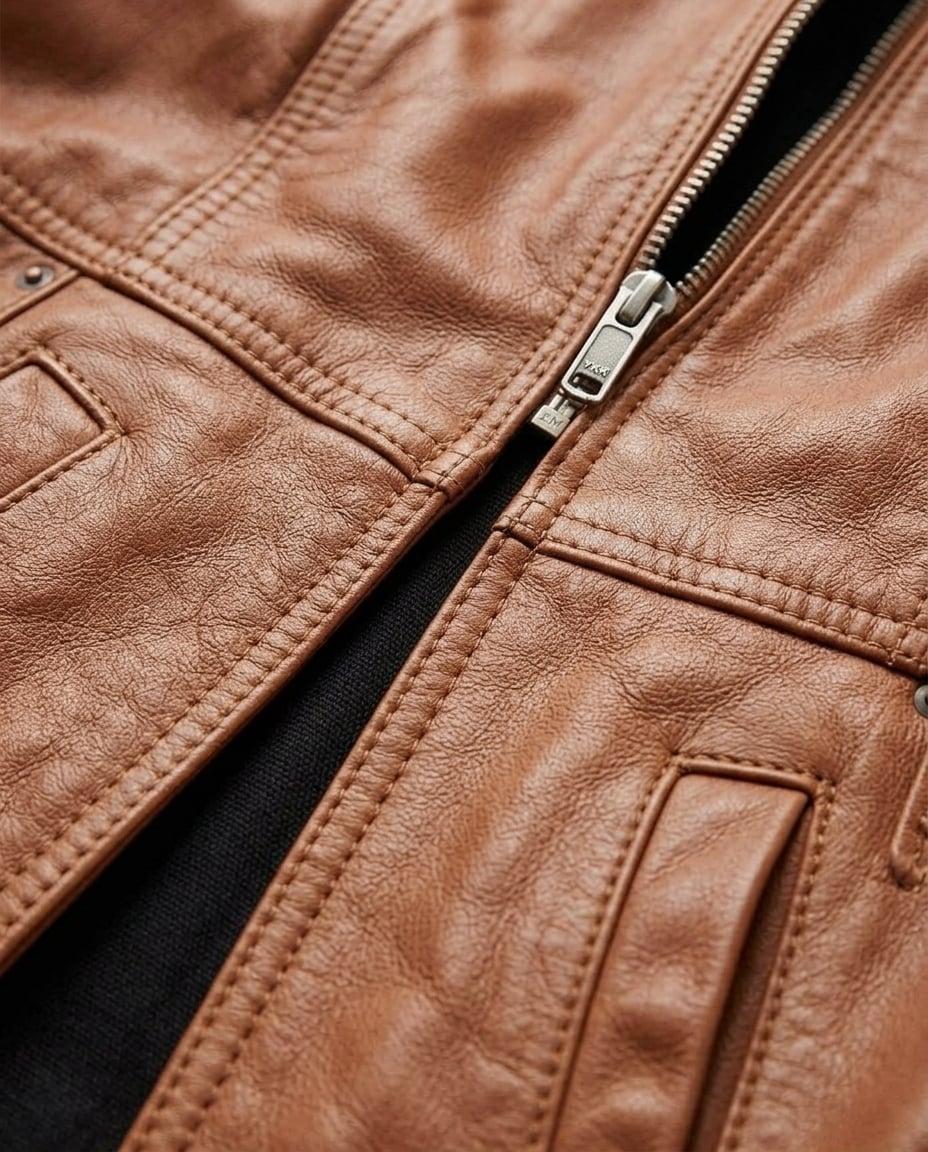 Zara | Timeless Leather Jacket for Autumn/Winter - Detail Close-Up